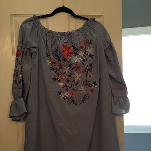 Chambray Embroidered Floral Dress NWT
